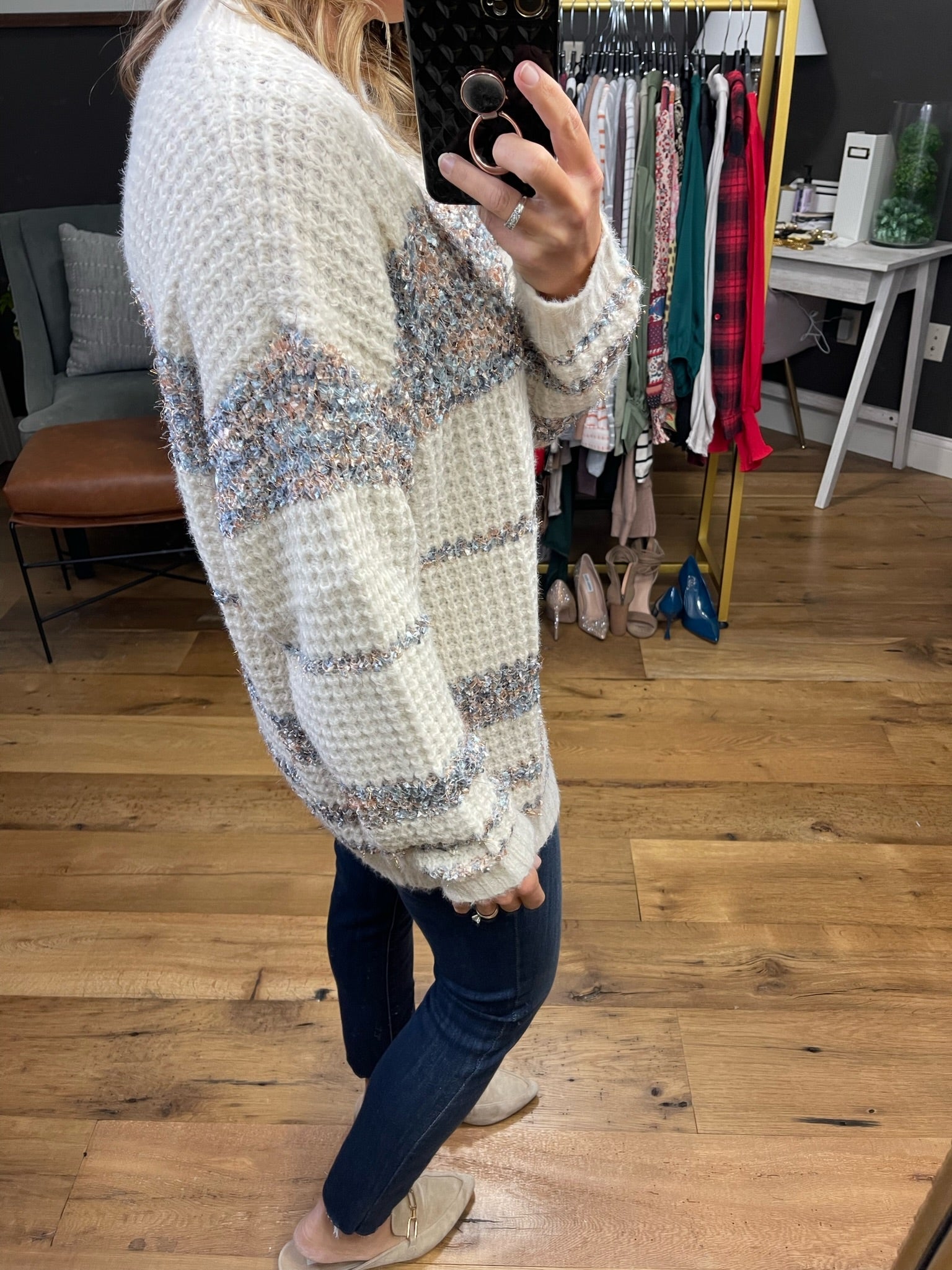 Tell You Everything Knit Striped Crew Sweater - Ivory Combo