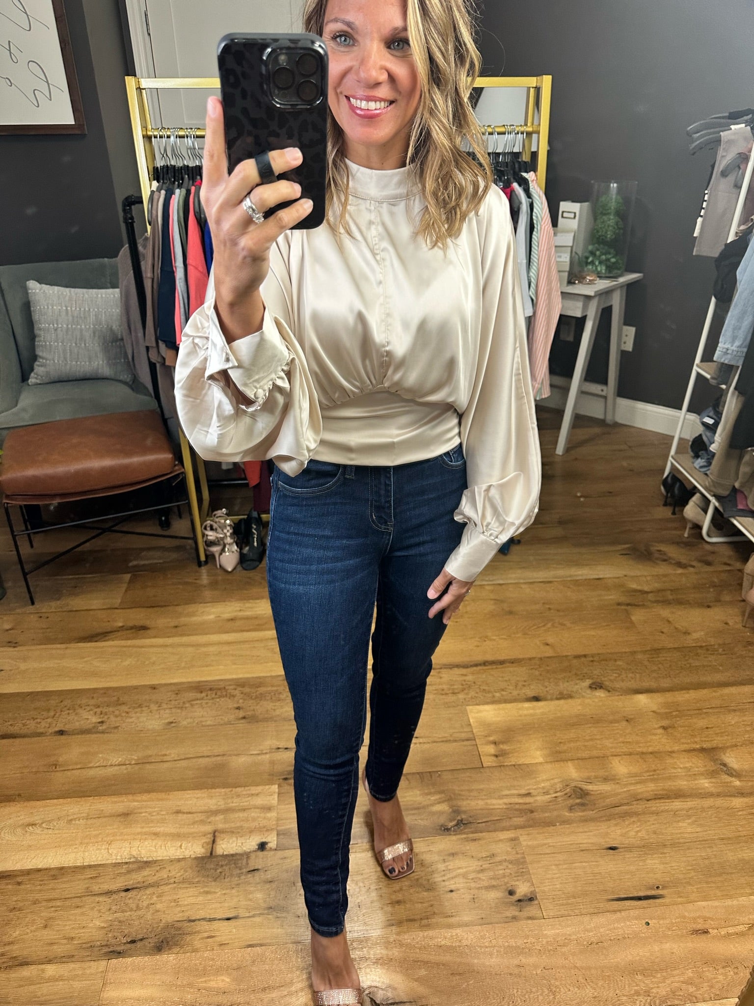 Waiting For You Smocked Waist Top With Statement Sleeve - Champagne
