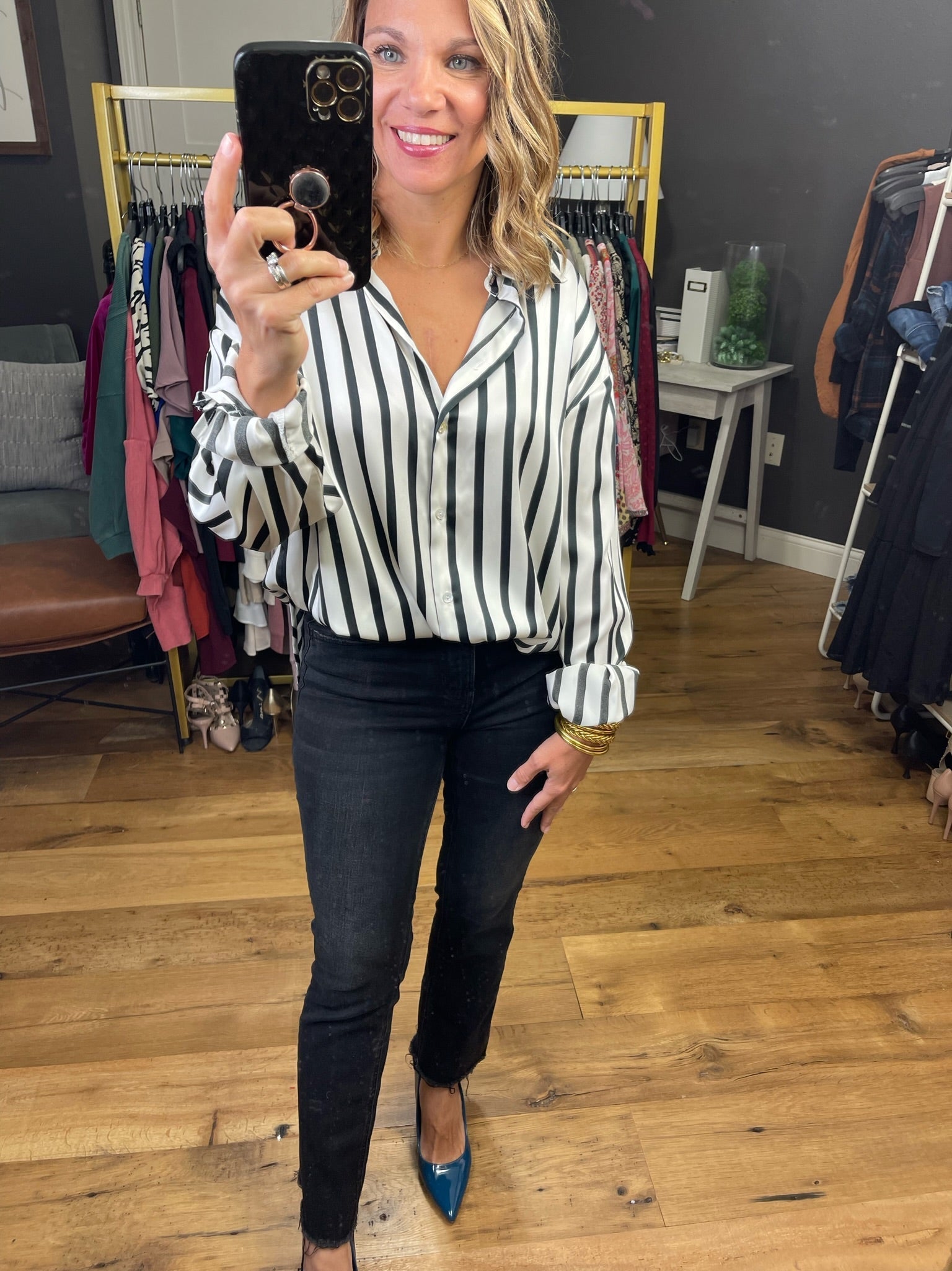 Great Idea Striped Button-Down Top - Multiple Options-Long Sleeves-Vine & Love VT81315-Anna Kaytes Boutique, Women's Fashion Boutique in Grinnell, Iowa