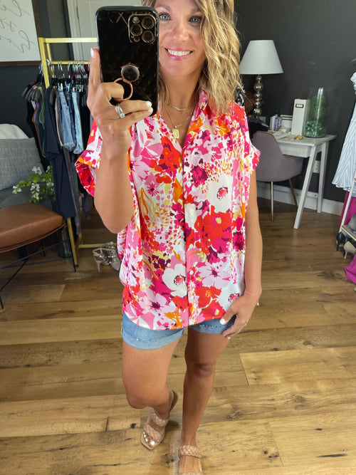 Separate Lives Floral Button Down Top - Ivory/Pink Combo