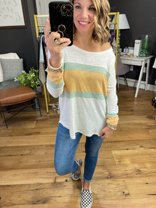 Join In Colorblock Striped Longsleeve - Ivory/Yellow/Sage