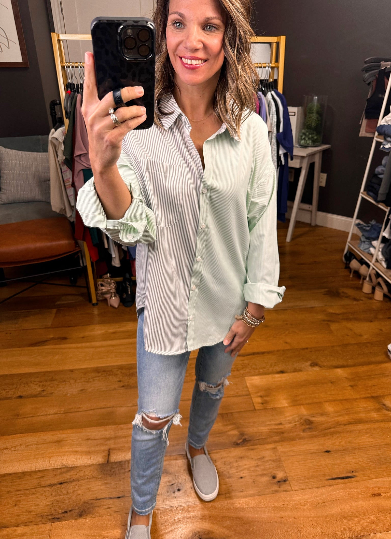 Greatest Desire Two-Toned Boyfriend Button Down Top - Multiple Options