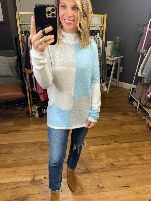 Winter's Best Mock-Neck Colorblock Sweater - Blue/Ivory