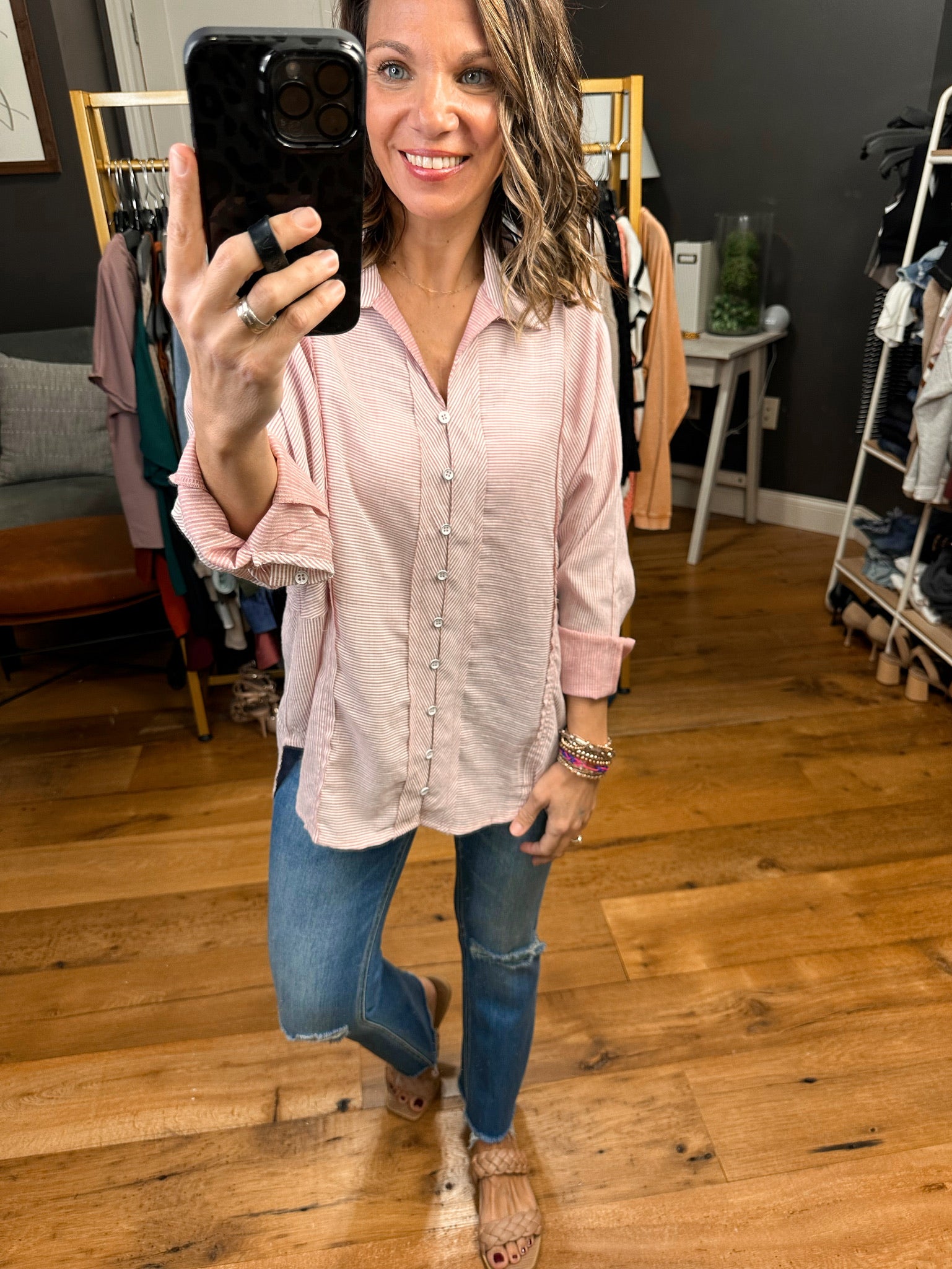 Time For Me Button-Down Top With Striped Detail - Blush