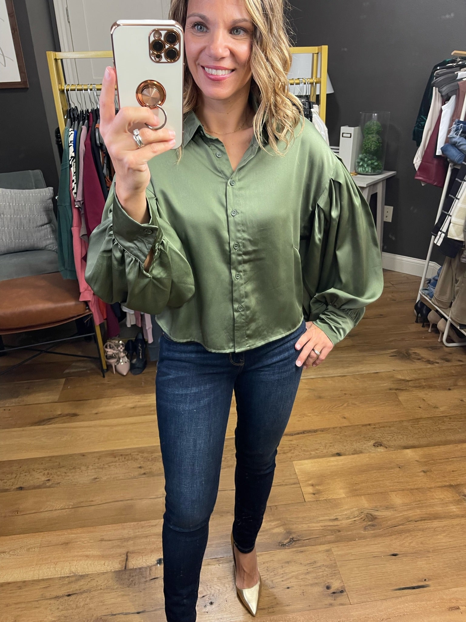 For The Better Balloon Sleeve Button Down Top - Olive