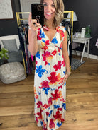 Island Passport Floral V-Neck Dress - Cream/Red-Dresses-Skies Are Blue 98834-Anna Kaytes Boutique, Women's Fashion Boutique in Grinnell, Iowa