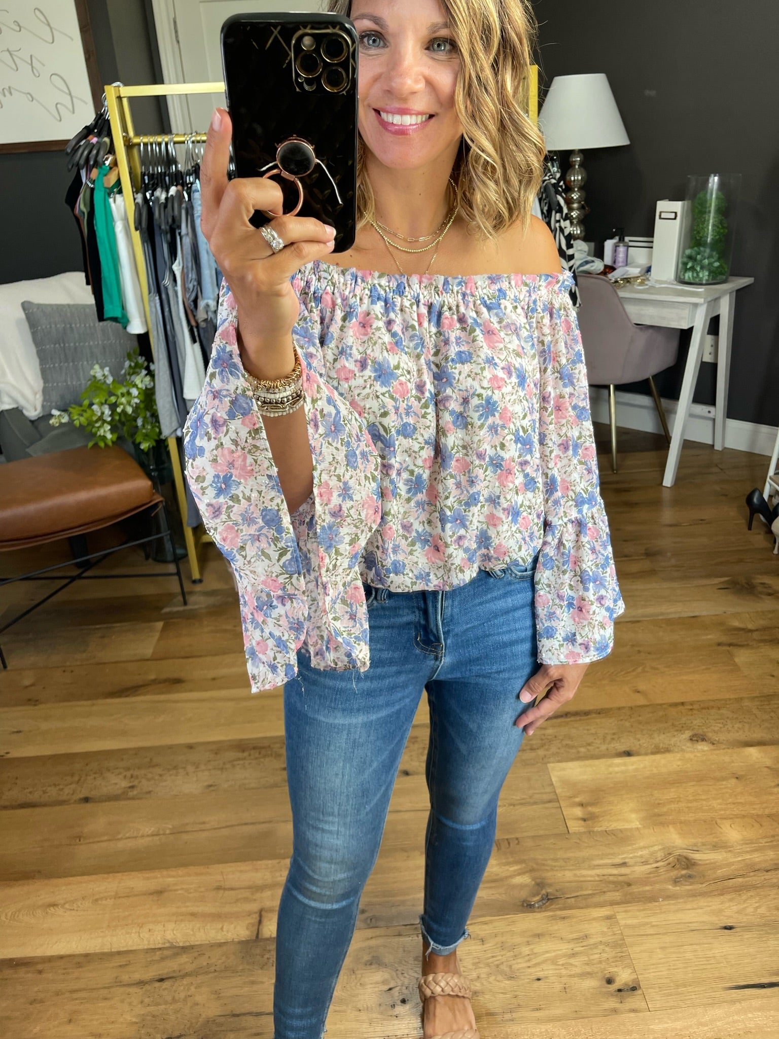 Stealing Kisses Floral Off-Shoulder Bodysuit - Ivory-Bodysuits-Lush T17691-GI-Anna Kaytes Boutique, Women's Fashion Boutique in Grinnell, Iowa