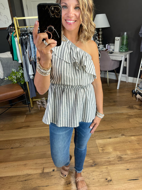 Make It Up To Me One-Shoulder Peplum Top - Charcoal-Andree By Unit T10063-Anna Kaytes Boutique, Women's Fashion Boutique in Grinnell, Iowa