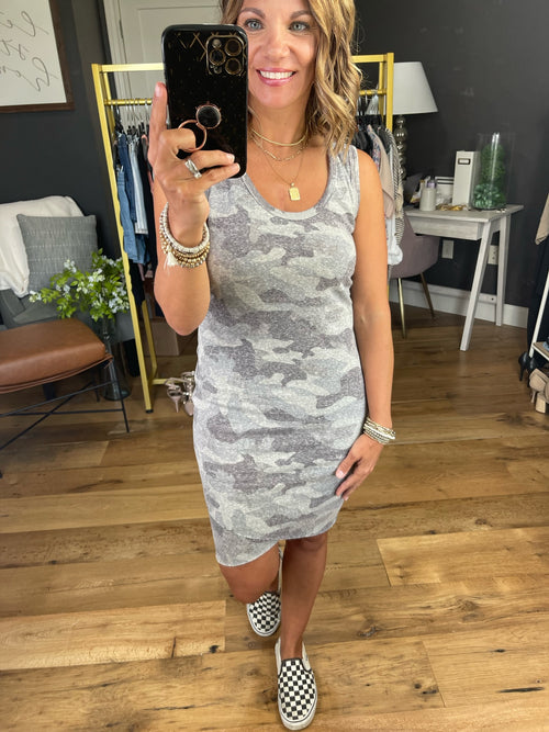 Looking Through Heathered Camo Dress - Grey-Dresses-Wasabi & Mint WMD2117C-Anna Kaytes Boutique, Women's Fashion Boutique in Grinnell, Iowa