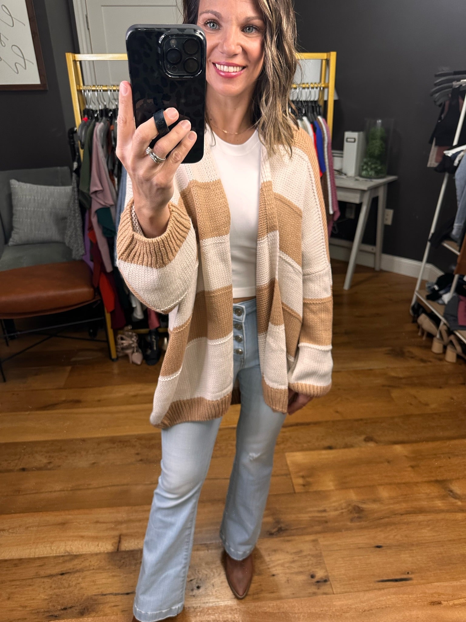 Easy Going Striped Knit Oversized Cardigan - Taupe/Cream