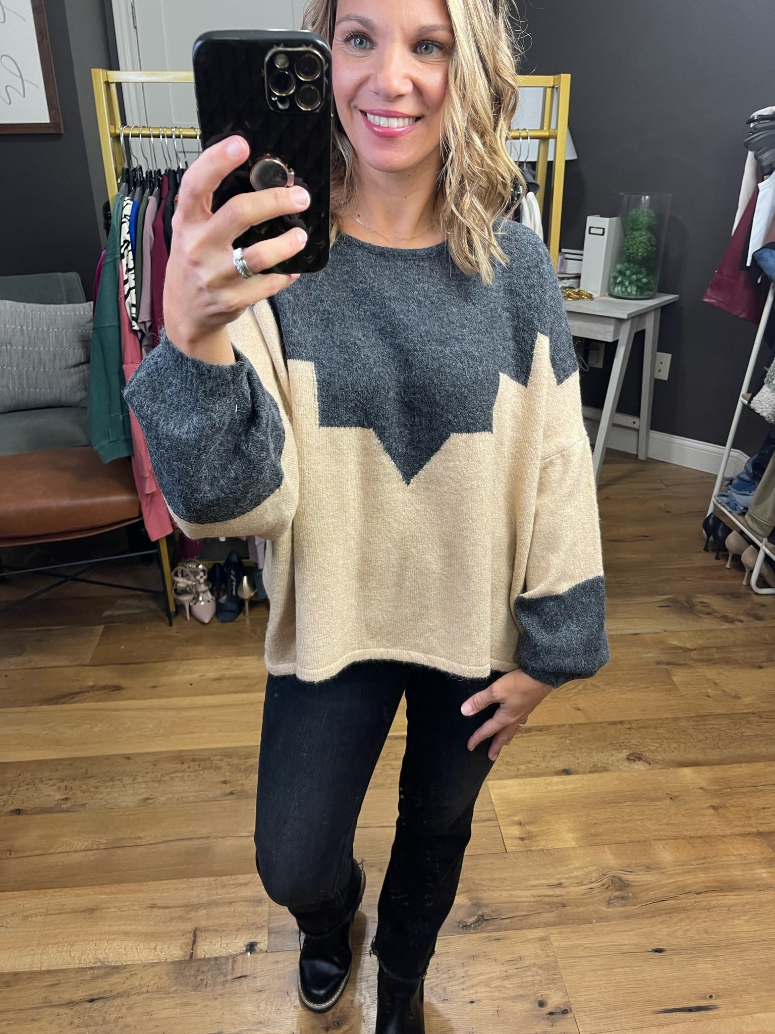 Outside The Box Two-Toned Sweater - Charcoal/Taupe
