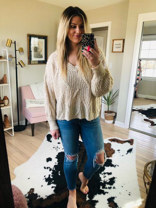 New Reservations Taupe Knit V Neck Sweater
