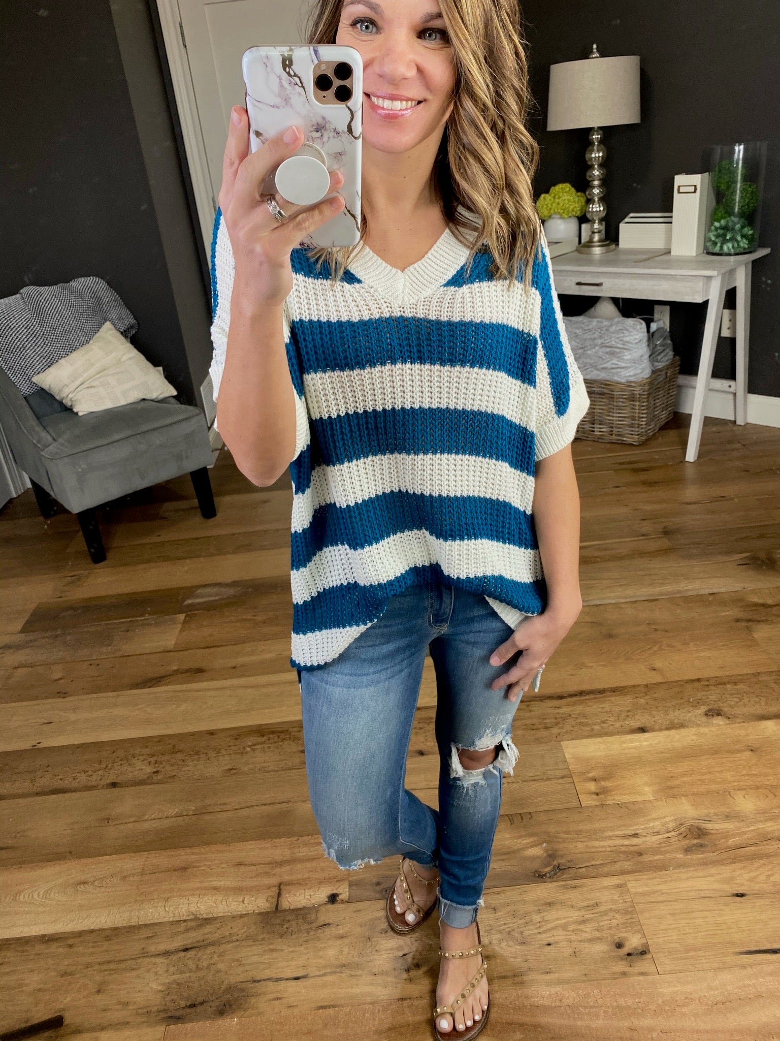 Some Girls Ribbed Short Sleeve V-Neck Stripe Sweater- Multiple Options-Sweaters-la miel JAS3559-Anna Kaytes Boutique, Women's Fashion Boutique in Grinnell, Iowa