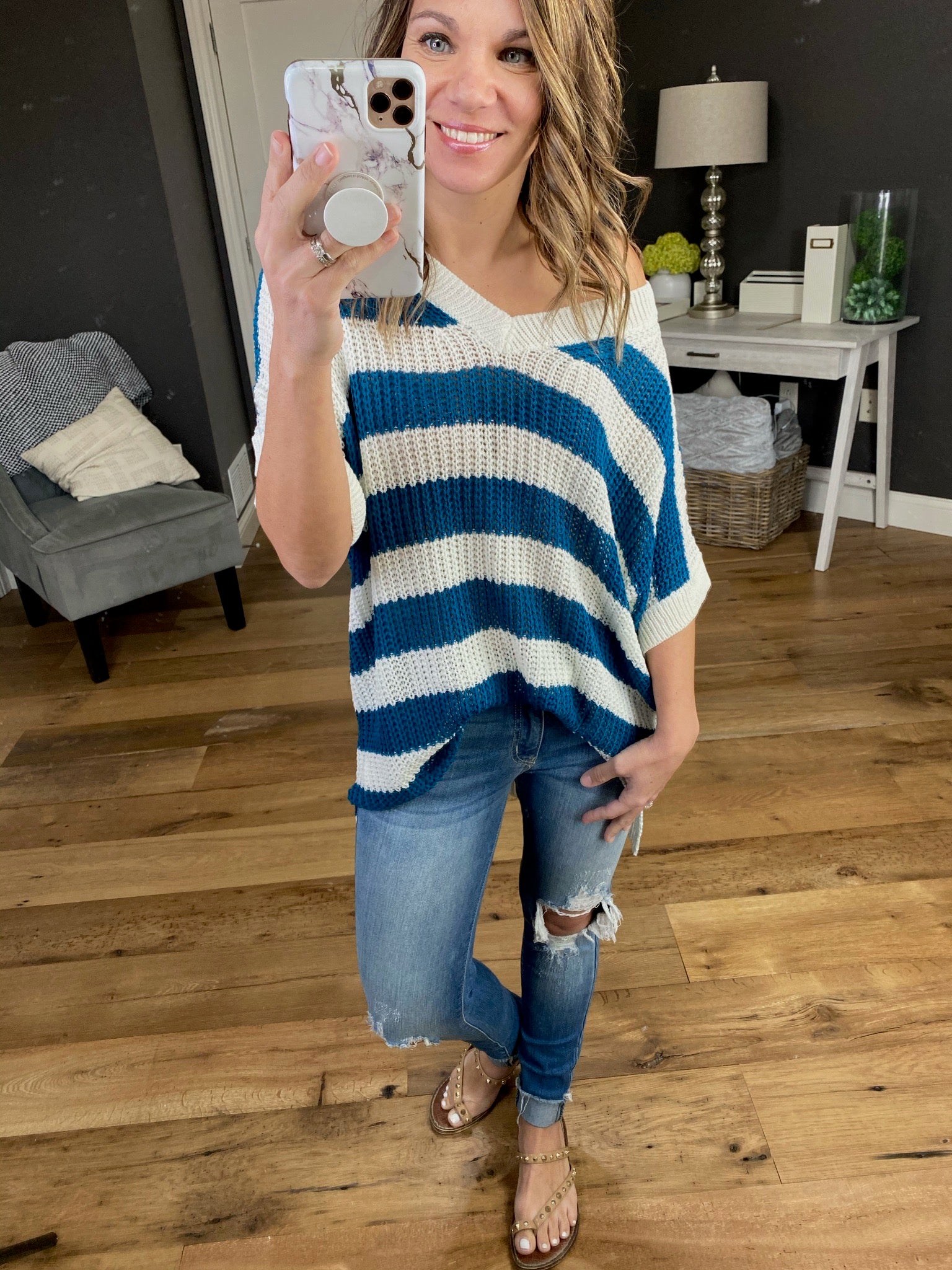 Some Girls Ribbed Short Sleeve V-Neck Stripe Sweater- Multiple Options-Sweaters-la miel JAS3559-Anna Kaytes Boutique, Women's Fashion Boutique in Grinnell, Iowa