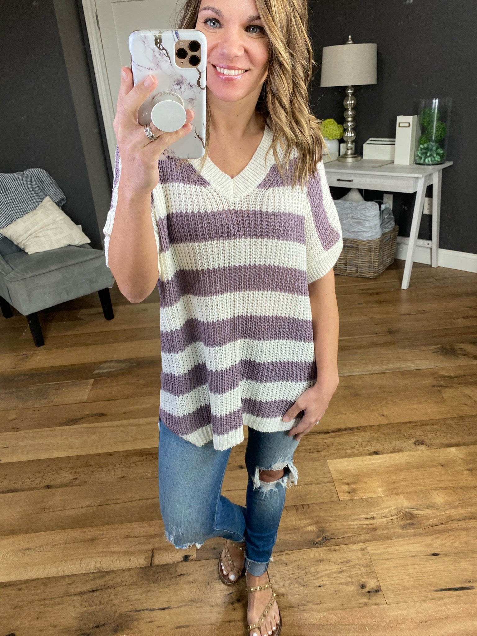 Some Girls Ribbed Short Sleeve V-Neck Stripe Sweater- Multiple Options-Sweaters-la miel JAS3559-Anna Kaytes Boutique, Women's Fashion Boutique in Grinnell, Iowa