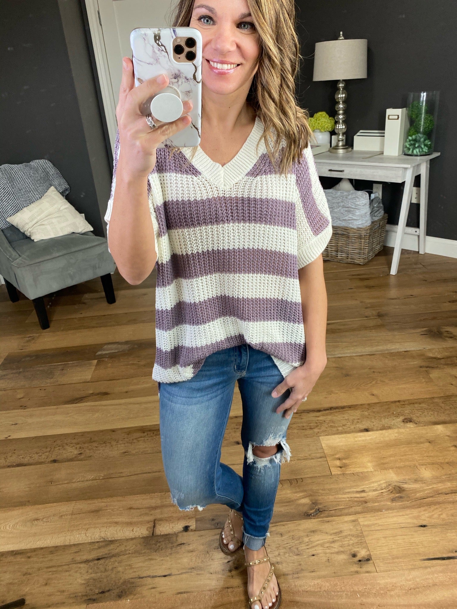 Some Girls Ribbed Short Sleeve V-Neck Stripe Sweater- Multiple Options-Sweaters-la miel JAS3559-Anna Kaytes Boutique, Women's Fashion Boutique in Grinnell, Iowa