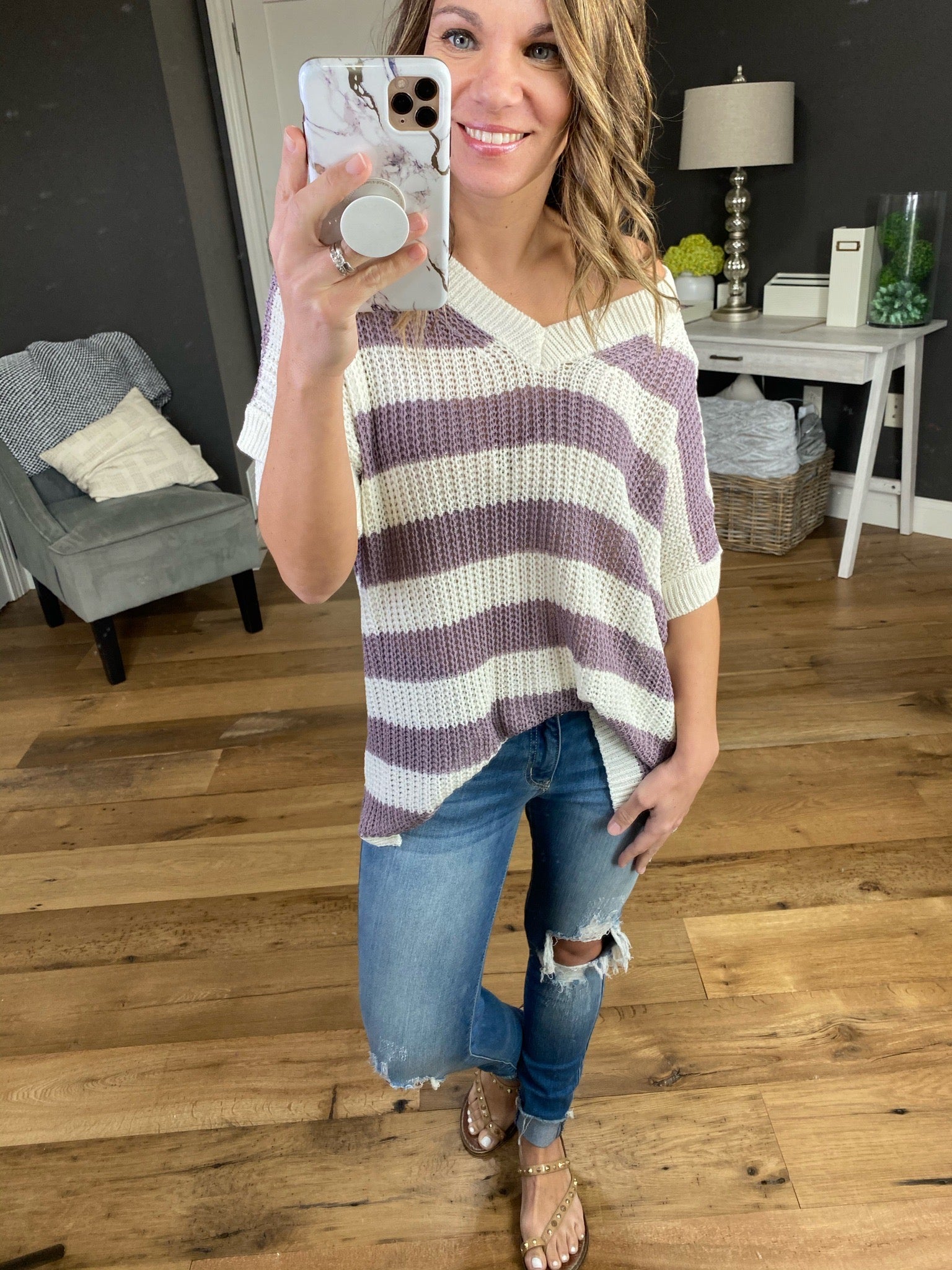 Some Girls Ribbed Short Sleeve V-Neck Stripe Sweater- Multiple Options-Sweaters-la miel JAS3559-Anna Kaytes Boutique, Women's Fashion Boutique in Grinnell, Iowa