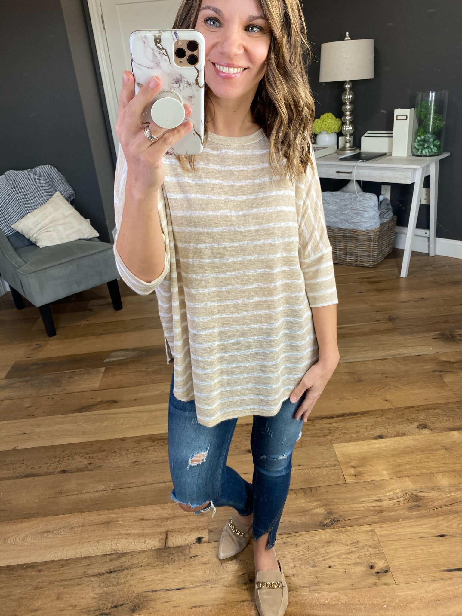 All That I Was Looking For Striped 3/4 Sleeve- Taupe & Ivory