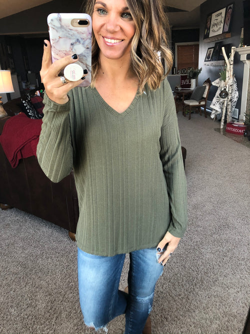 Unmistakable Look Mini Ribbed V Neck Long Sleeve - Olive-Wasabi and Mint-Anna Kaytes Boutique, Women's Fashion Boutique in Grinnell, Iowa