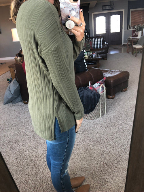 Unmistakable Look Mini Ribbed V Neck Long Sleeve - Olive