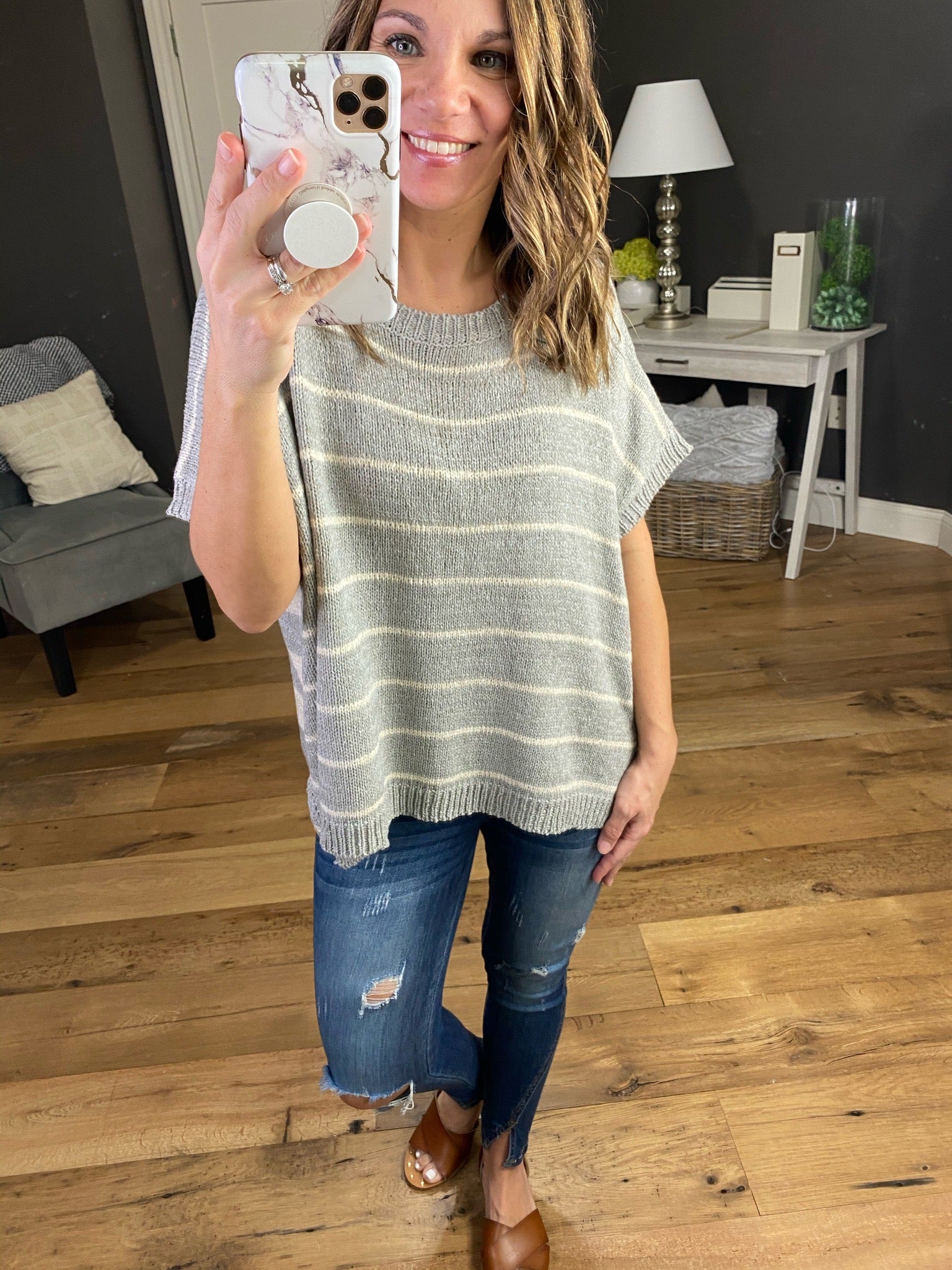 Switch It Up Grey and Cream Striped Reversible Short Sleeve Sweater