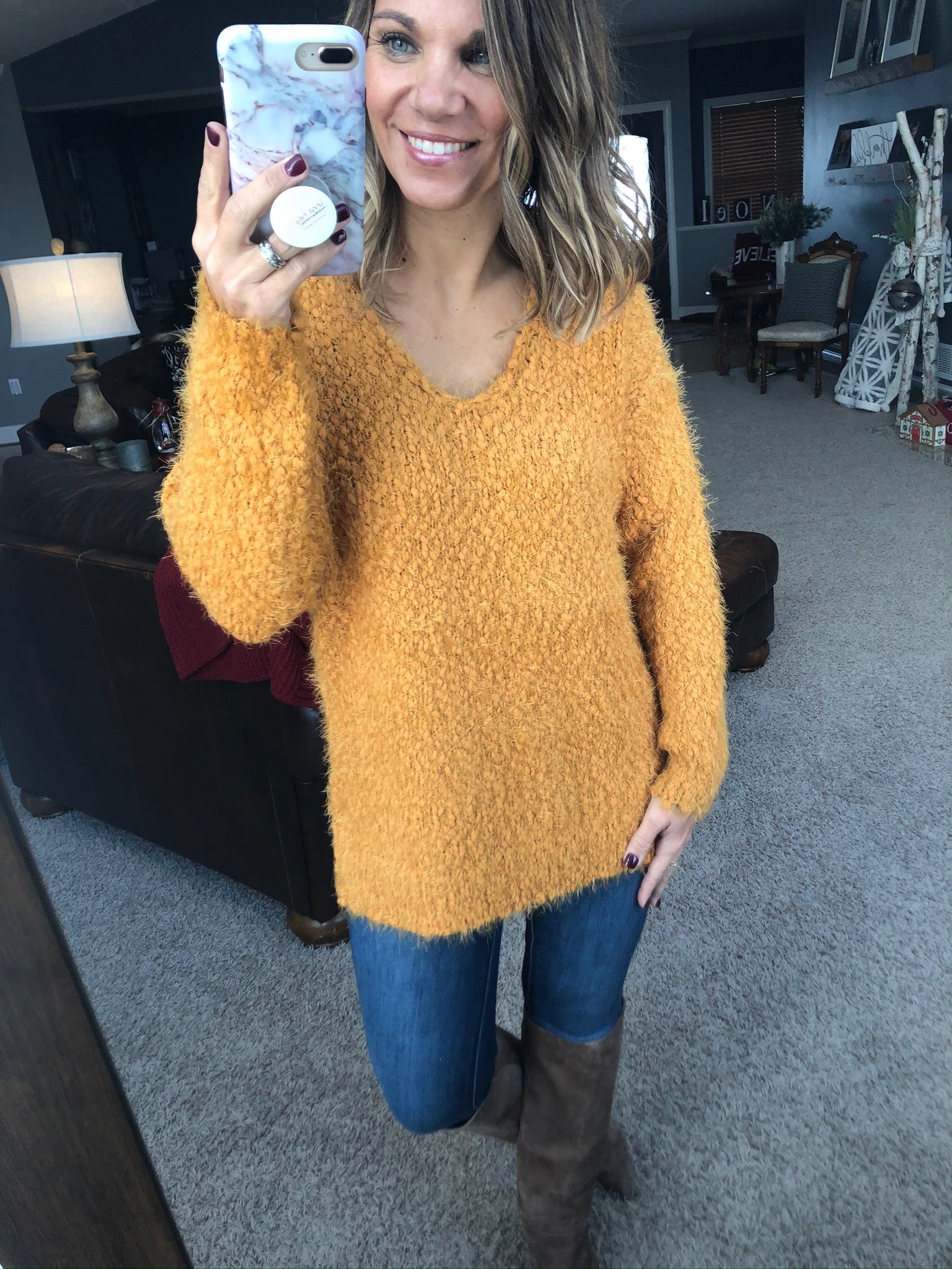 Bring Me Love Mustard V-Neck Popcorn Mohair Sweater