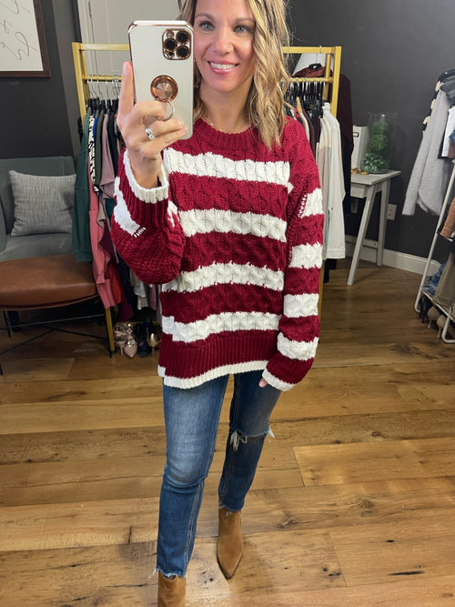 Mull It Over Striped Cable-Knit Sweater - Burgundy
