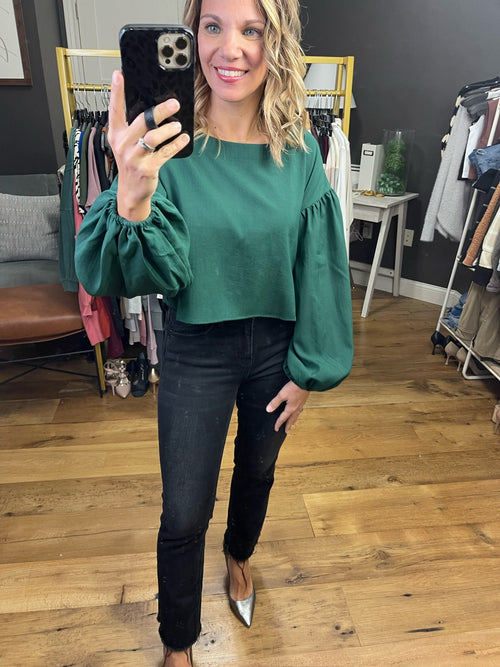 People Talk Cropped Balloon Sleeve Top - Hunter Green