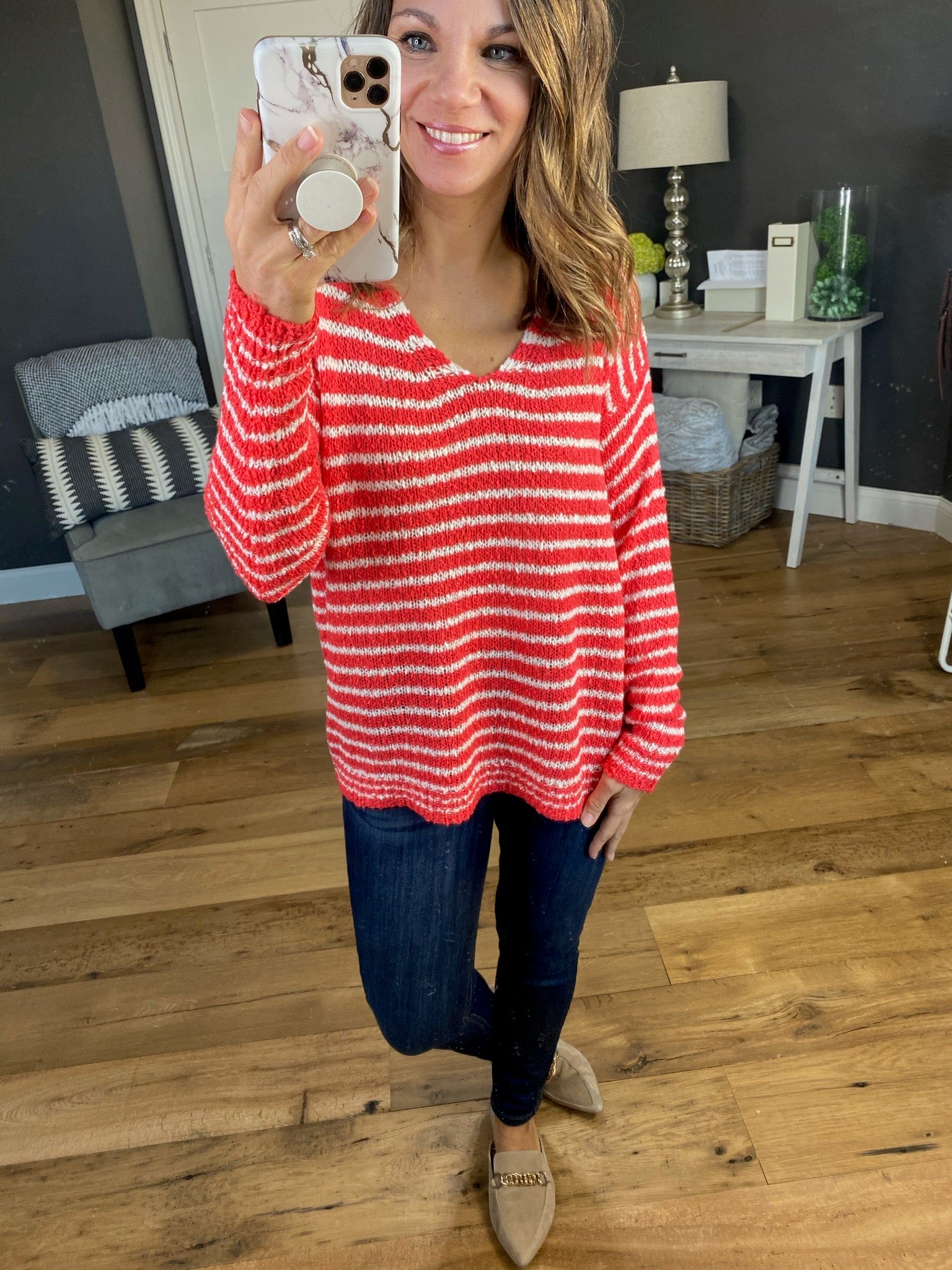 Draw The Line Striped V-Neck Loose Knit Sweater- Multiple Options