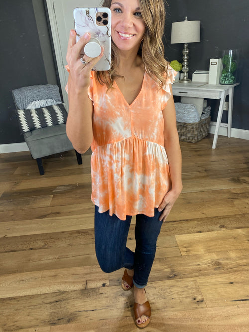 All For You V-Neck Tie Dye Peplum Tank With Ruffle Cap Sleeve - Multiple Options-Tank Tops-staccato 18285-Anna Kaytes Boutique, Women's Fashion Boutique in Grinnell, Iowa