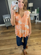 All For You V-Neck Tie Dye Peplum Tank With Ruffle Cap Sleeve - Multiple Options-Sleeveless-staccato 18285-Anna Kaytes Boutique, Women's Fashion Boutique in Grinnell, Iowa