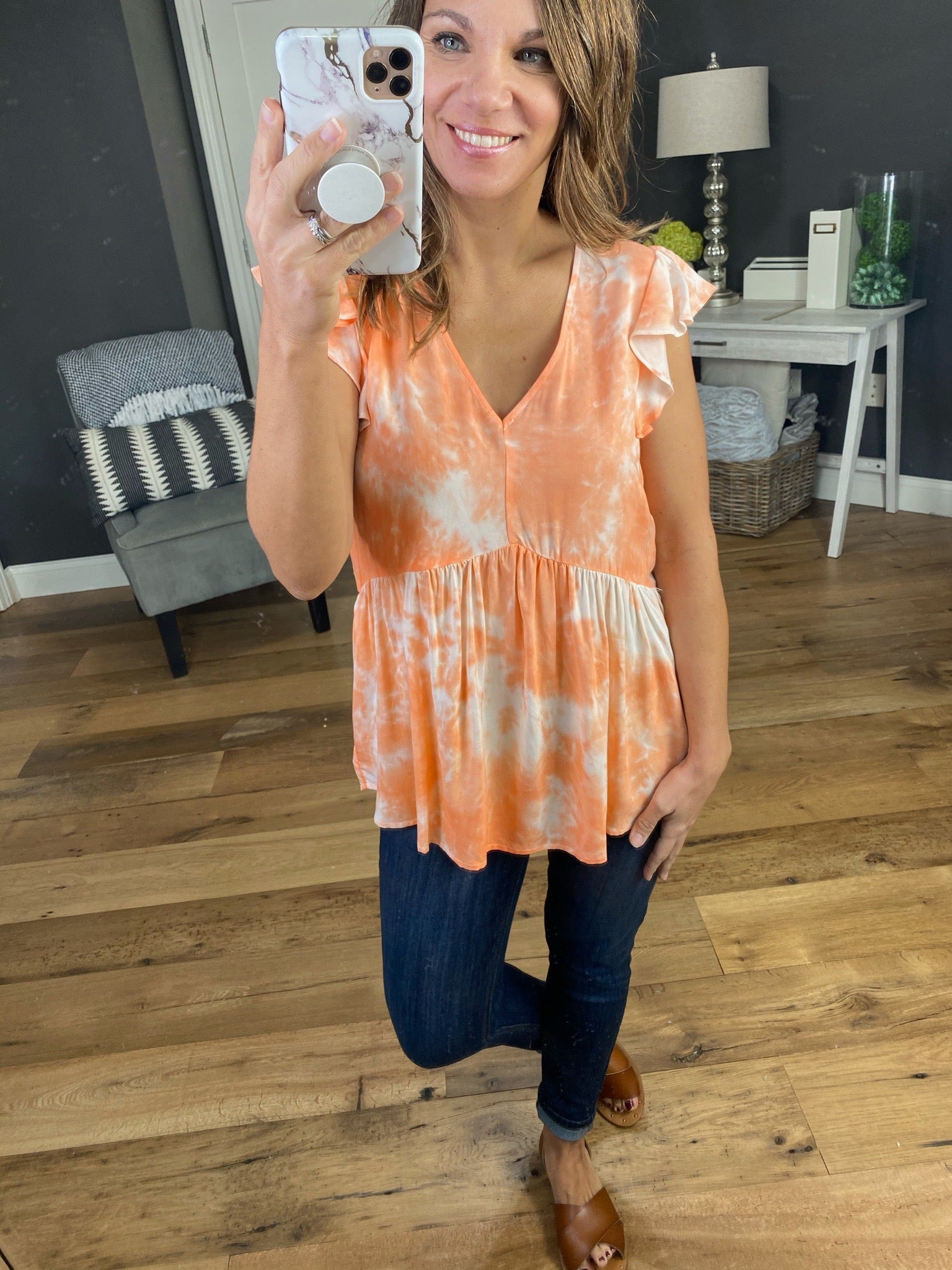 All For You V-Neck Tie Dye Peplum Tank With Ruffle Cap Sleeve - Multiple Options-Sleeveless-staccato 18285-Anna Kaytes Boutique, Women's Fashion Boutique in Grinnell, Iowa