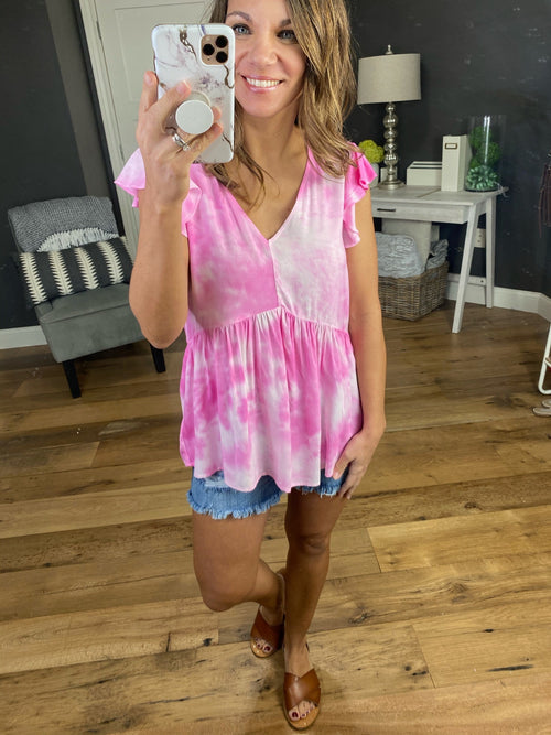 All For You V-Neck Tie Dye Peplum Tank With Ruffle Cap Sleeve - Multiple Options-Tank Tops-staccato 18285-Anna Kaytes Boutique, Women's Fashion Boutique in Grinnell, Iowa