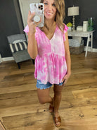 All For You V-Neck Tie Dye Peplum Tank With Ruffle Cap Sleeve - Multiple Options-Sleeveless-staccato 18285-Anna Kaytes Boutique, Women's Fashion Boutique in Grinnell, Iowa