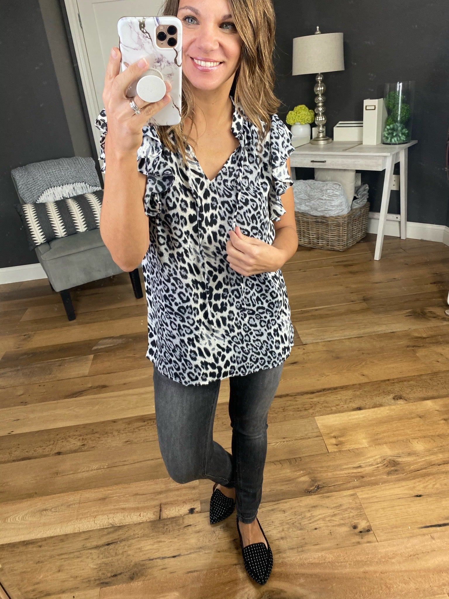 Solid Playlist Animal Print V-Neck Blouse with Ruffle Cap Sleeve- Multiple Options-Short Sleeves-staccato 18251-Anna Kaytes Boutique, Women's Fashion Boutique in Grinnell, Iowa