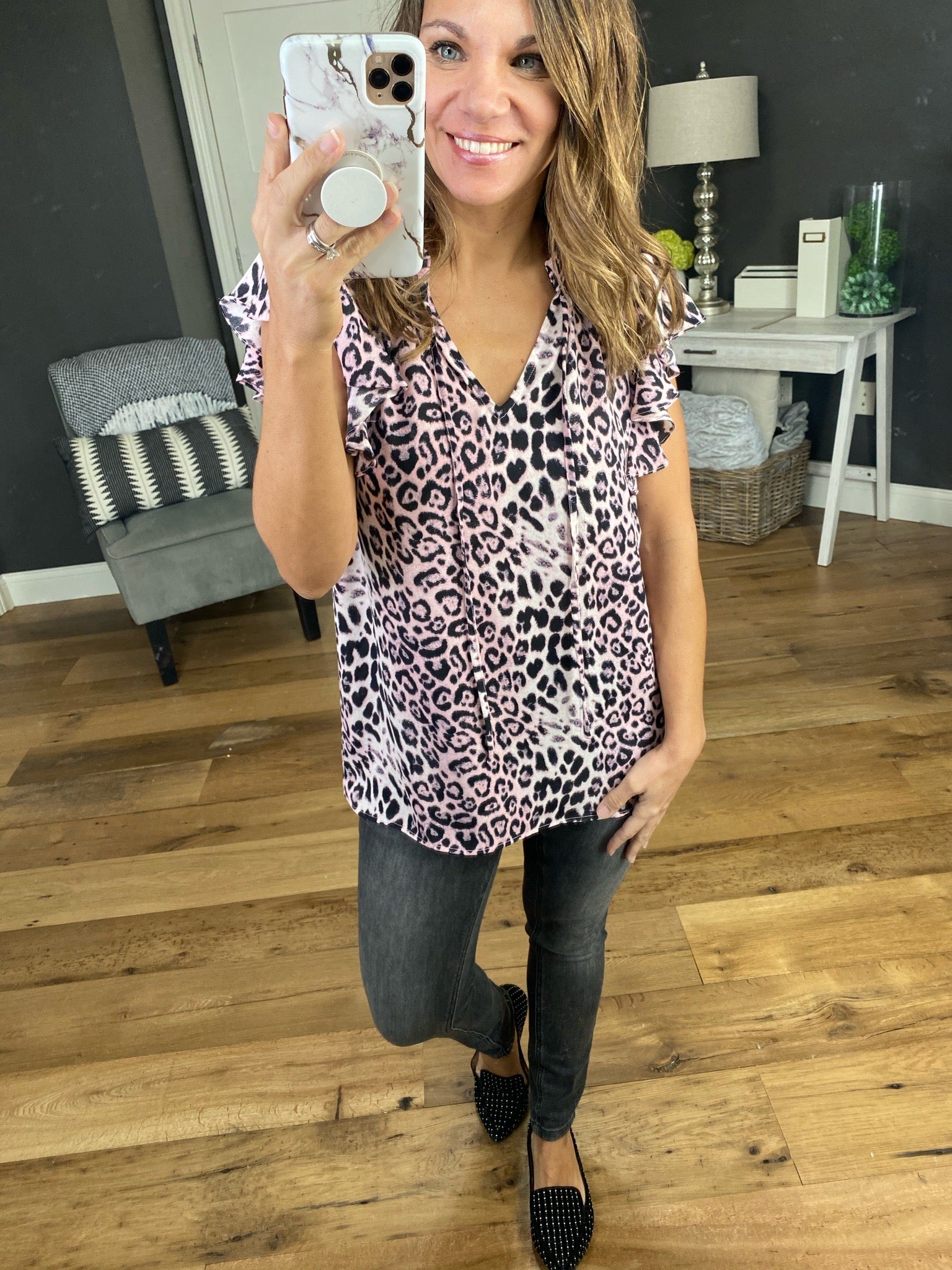 Solid Playlist Animal Print V-Neck Blouse with Ruffle Cap Sleeve- Multiple Options-Short Sleeves-staccato 18251-Anna Kaytes Boutique, Women's Fashion Boutique in Grinnell, Iowa