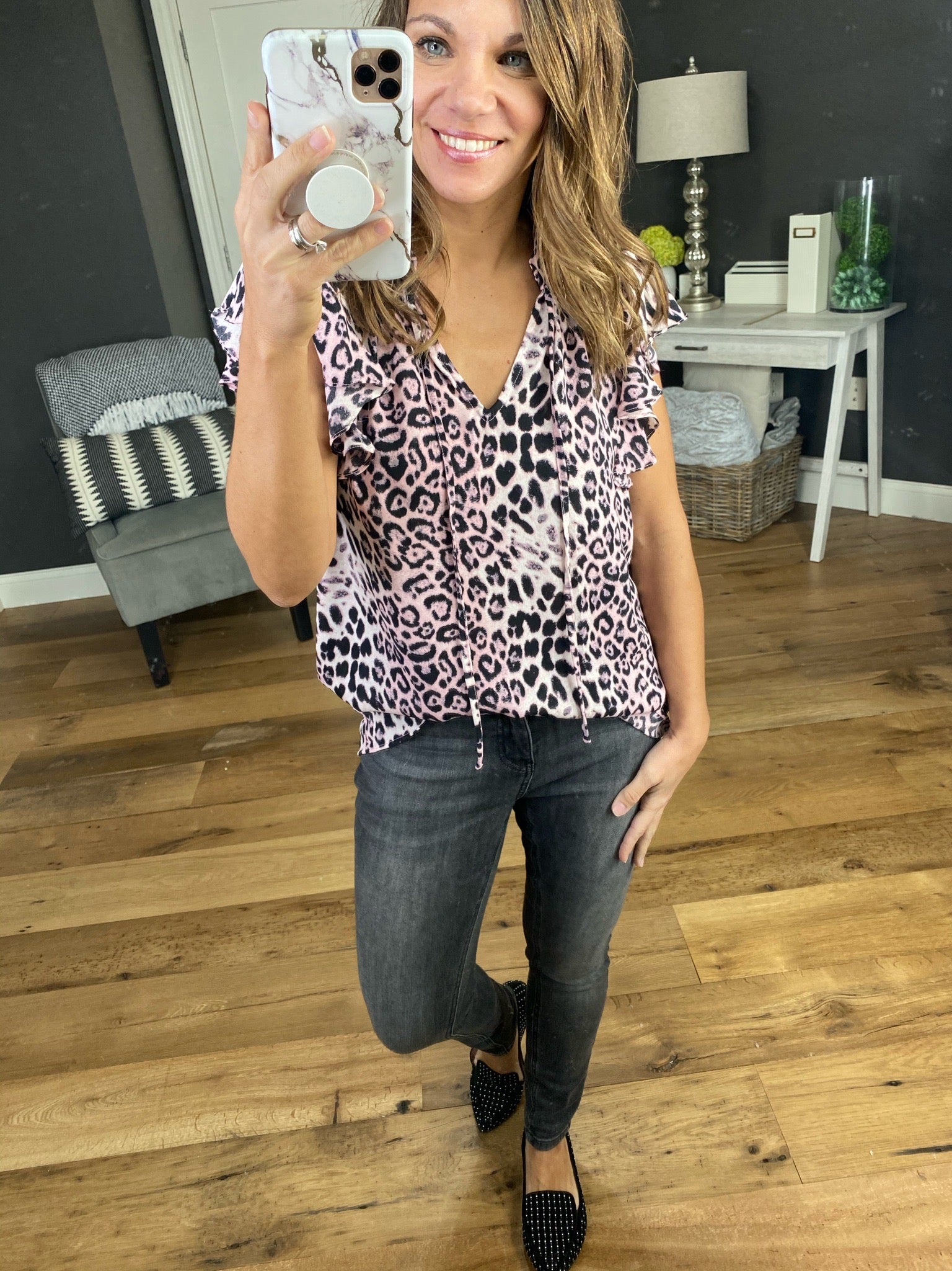 Solid Playlist Animal Print V-Neck Blouse with Ruffle Cap Sleeve- Multiple Options-Short Sleeves-staccato 18251-Anna Kaytes Boutique, Women's Fashion Boutique in Grinnell, Iowa