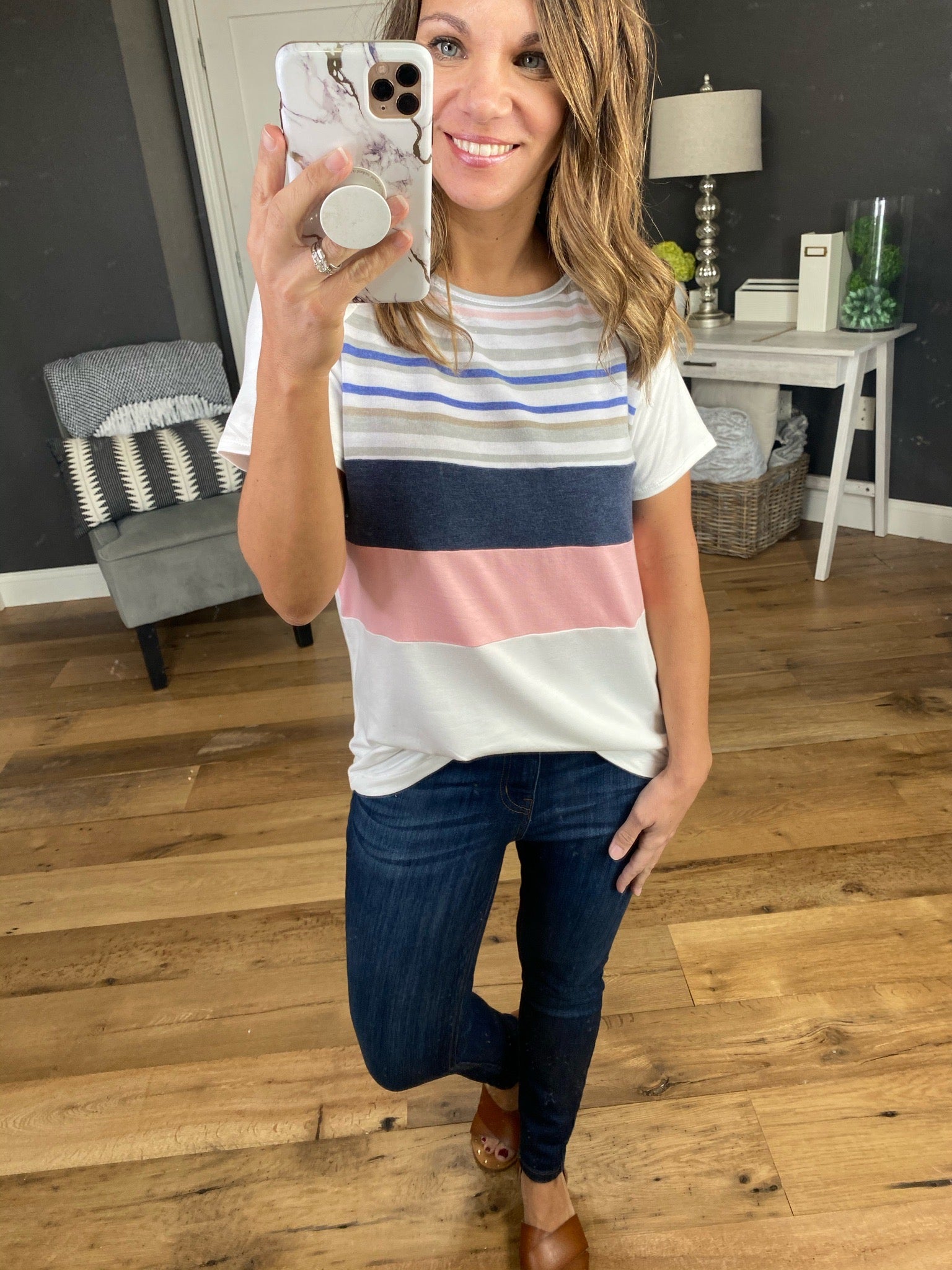 Breathe Easy Ivory Tee with Blue and Pink Stripes