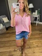 Think Of Me Corded V-Neck Short Sleeve with Faux Buttons-Multiple Options-Short Sleeves-Mittoshop T10057-Anna Kaytes Boutique, Women's Fashion Boutique in Grinnell, Iowa