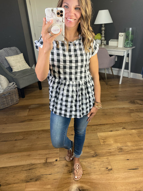 Take For Granted Black & White Checker Textured Peplum-Short Sleeves-2Hearts T3786G-Anna Kaytes Boutique, Women's Fashion Boutique in Grinnell, Iowa
