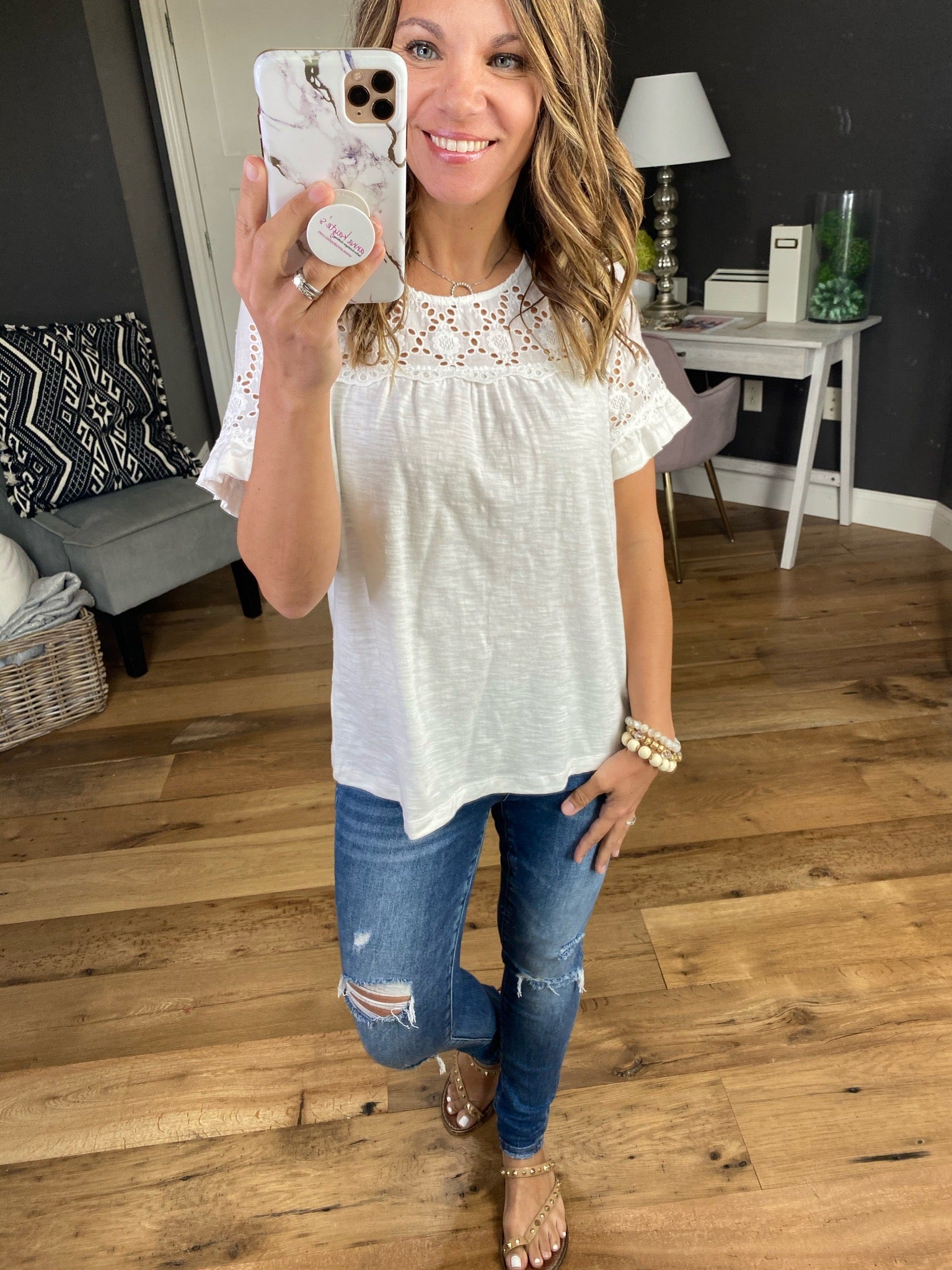 Go Easy On Me White Short Sleeve Blouse with Eyelet & Ruffle Details-Short Sleeves-Hem & Thread 31051-Anna Kaytes Boutique, Women's Fashion Boutique in Grinnell, Iowa