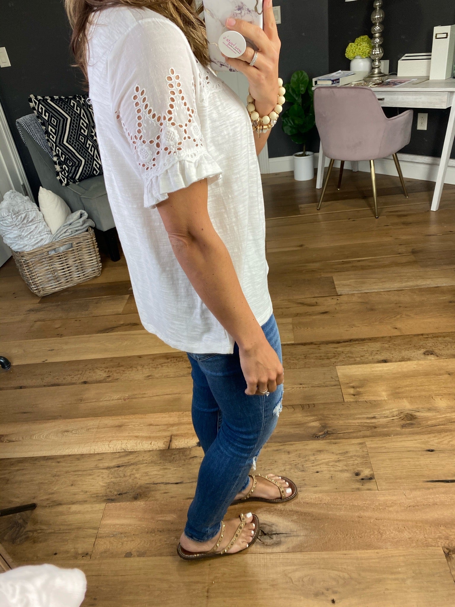 Go Easy On Me White Short Sleeve Blouse with Eyelet & Ruffle Details-Short Sleeves-Hem & Thread 31051-Anna Kaytes Boutique, Women's Fashion Boutique in Grinnell, Iowa