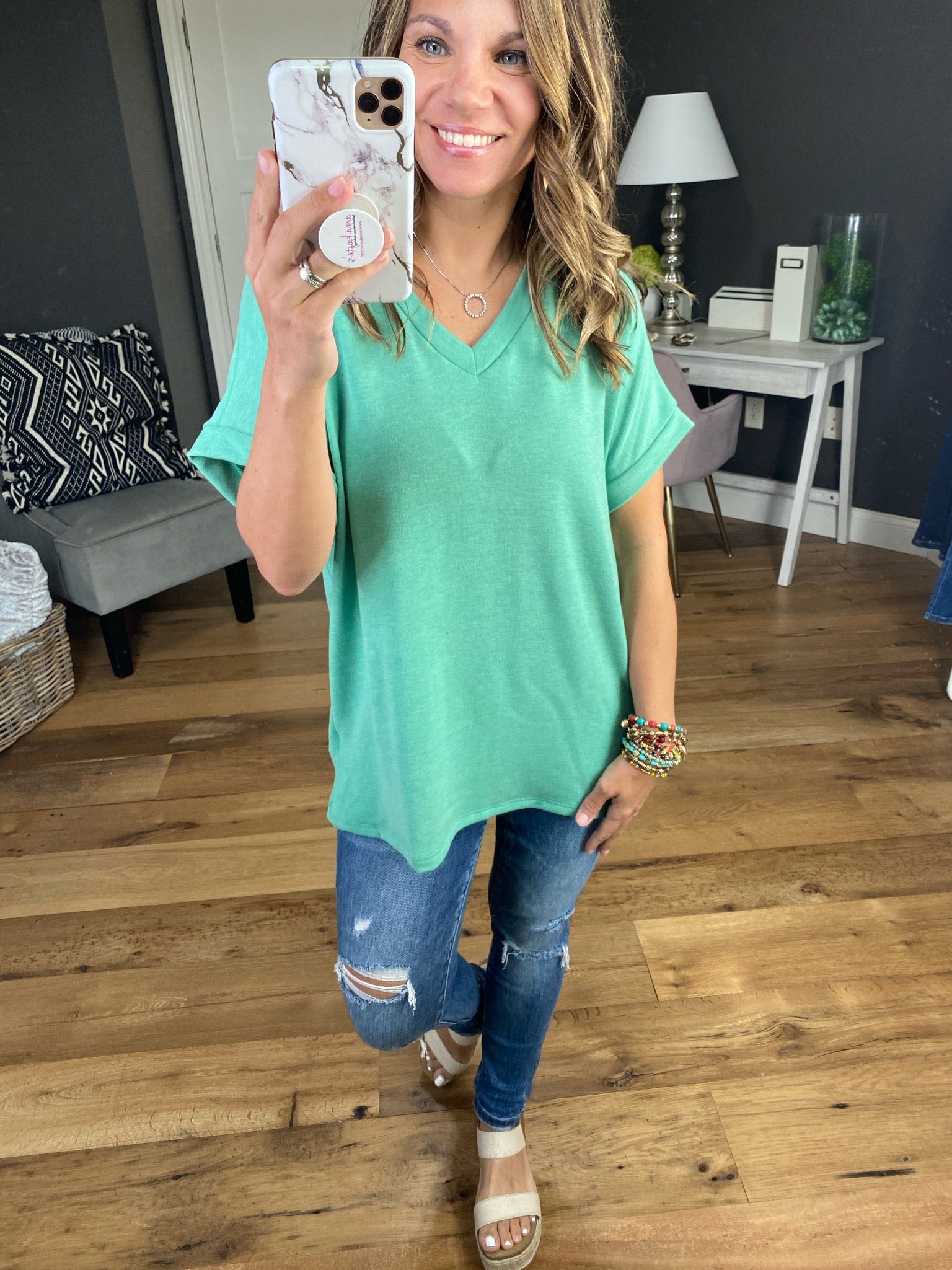 That's The Difference Green V-Neck Short Sleeve-Short Sleeves-Cherish T22402-Anna Kaytes Boutique, Women's Fashion Boutique in Grinnell, Iowa