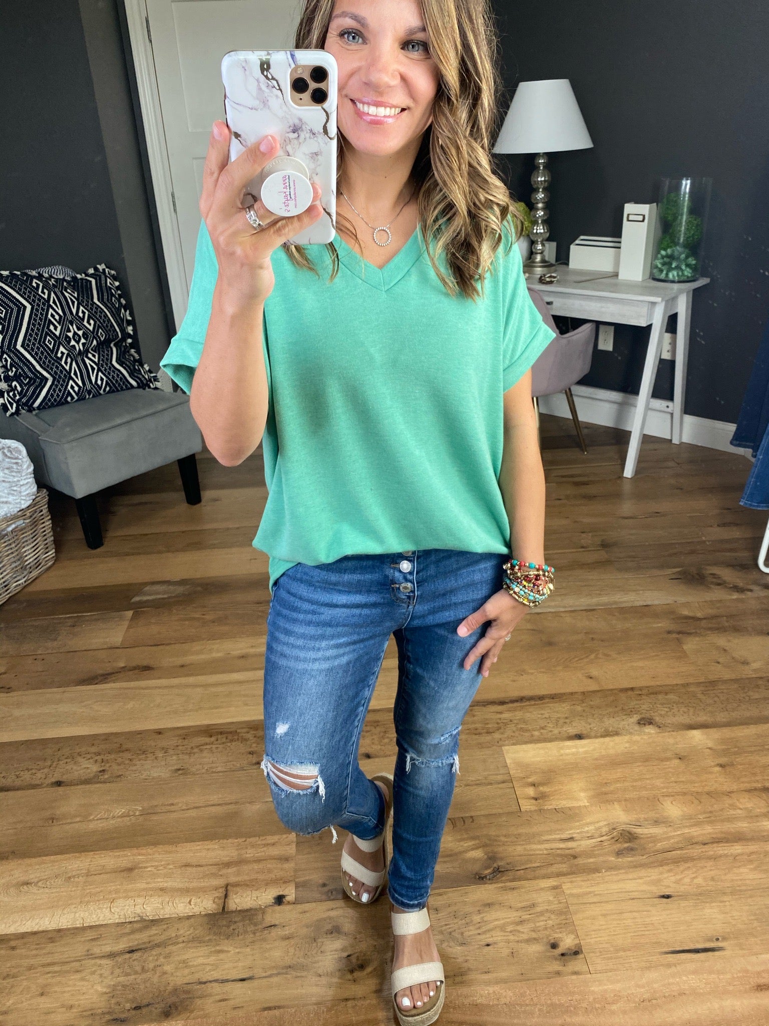 That's The Difference Green V-Neck Short Sleeve-Short Sleeves-Cherish T22402-Anna Kaytes Boutique, Women's Fashion Boutique in Grinnell, Iowa