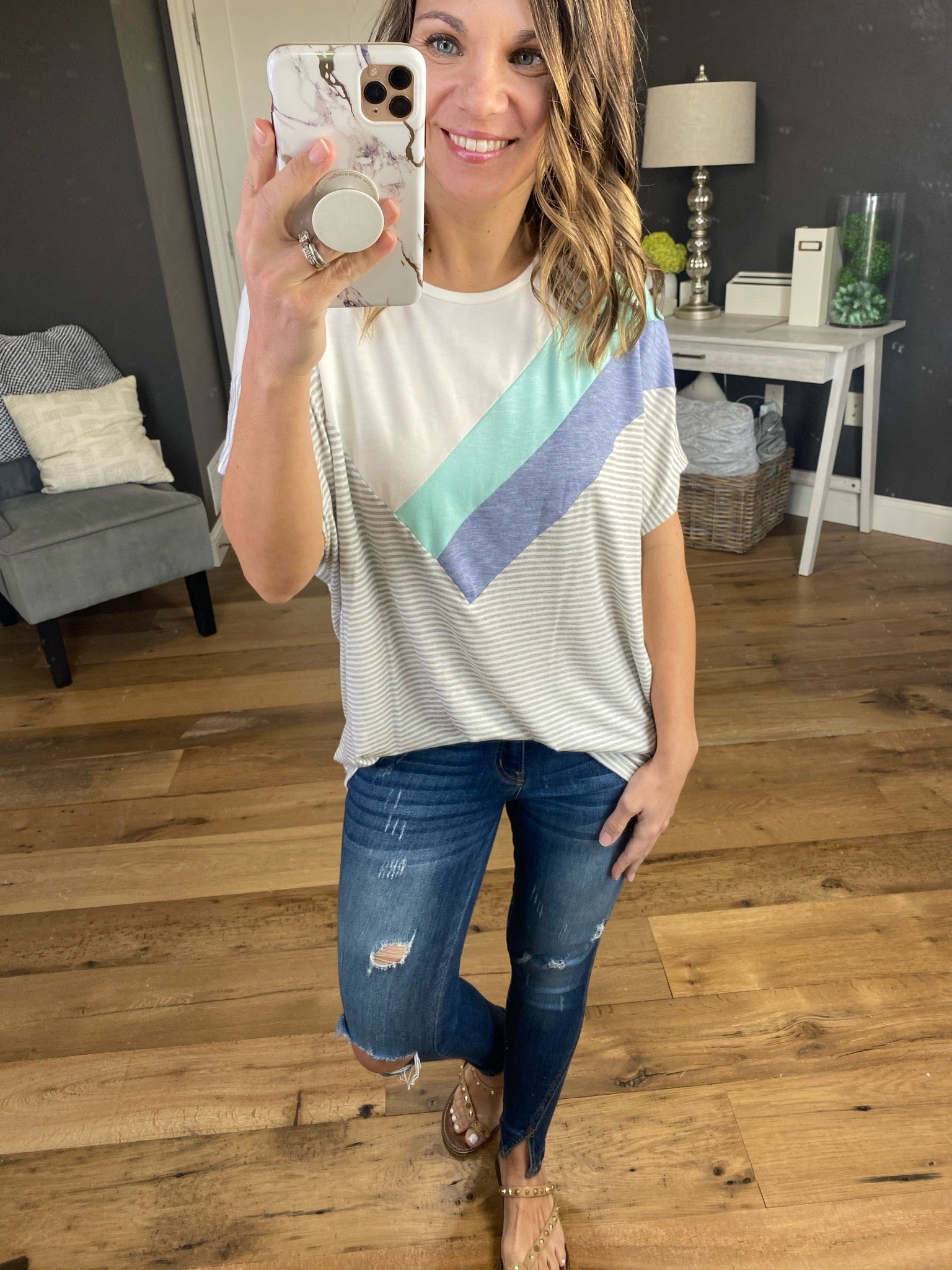 How We've Been Blue Colorblock Tee with Heather Grey Stripes-Short Sleeves-Staccato 17691F-Anna Kaytes Boutique, Women's Fashion Boutique in Grinnell, Iowa