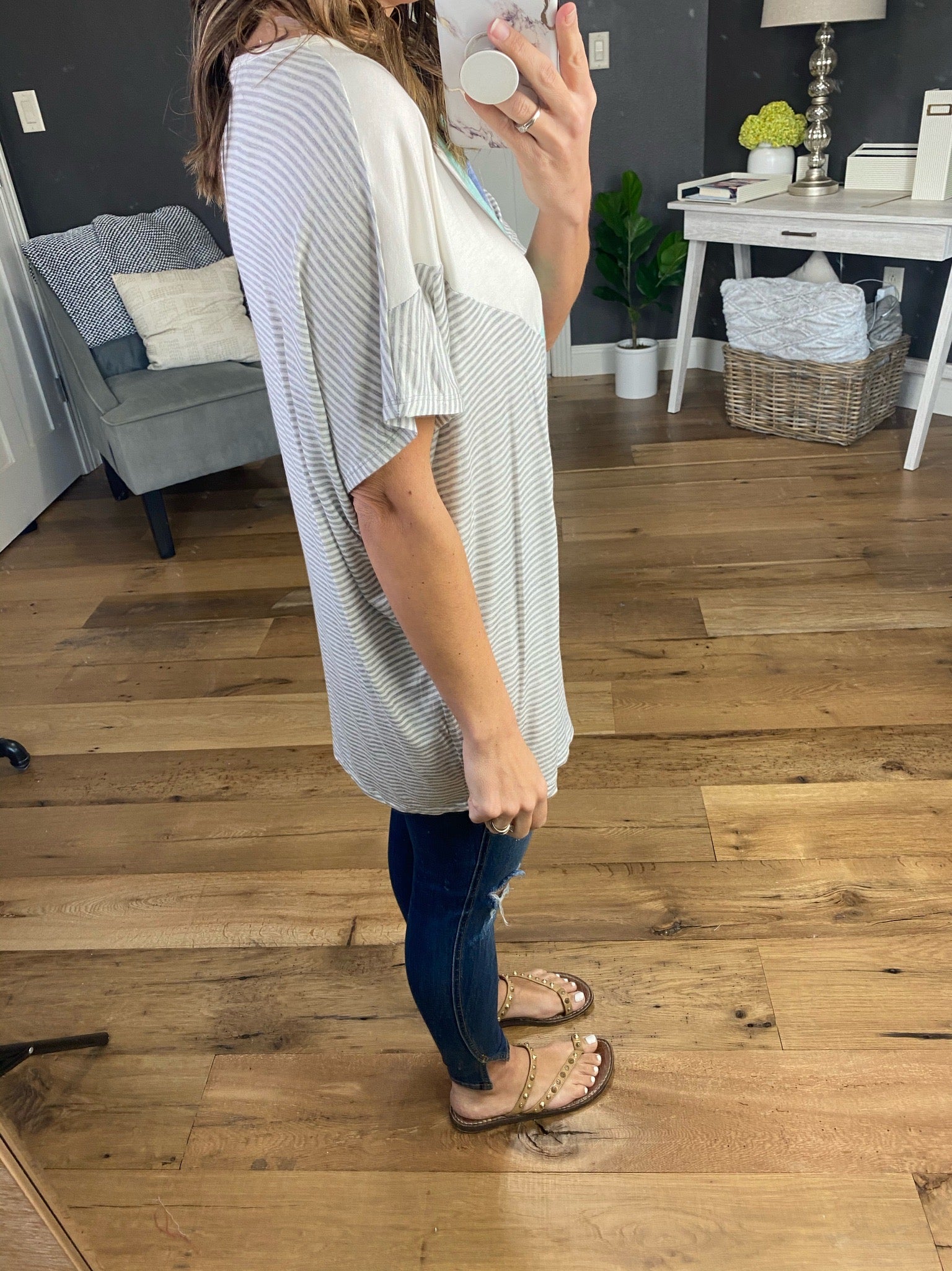 How We've Been Blue Colorblock Tee with Heather Grey Stripes-Short Sleeves-Staccato 17691F-Anna Kaytes Boutique, Women's Fashion Boutique in Grinnell, Iowa