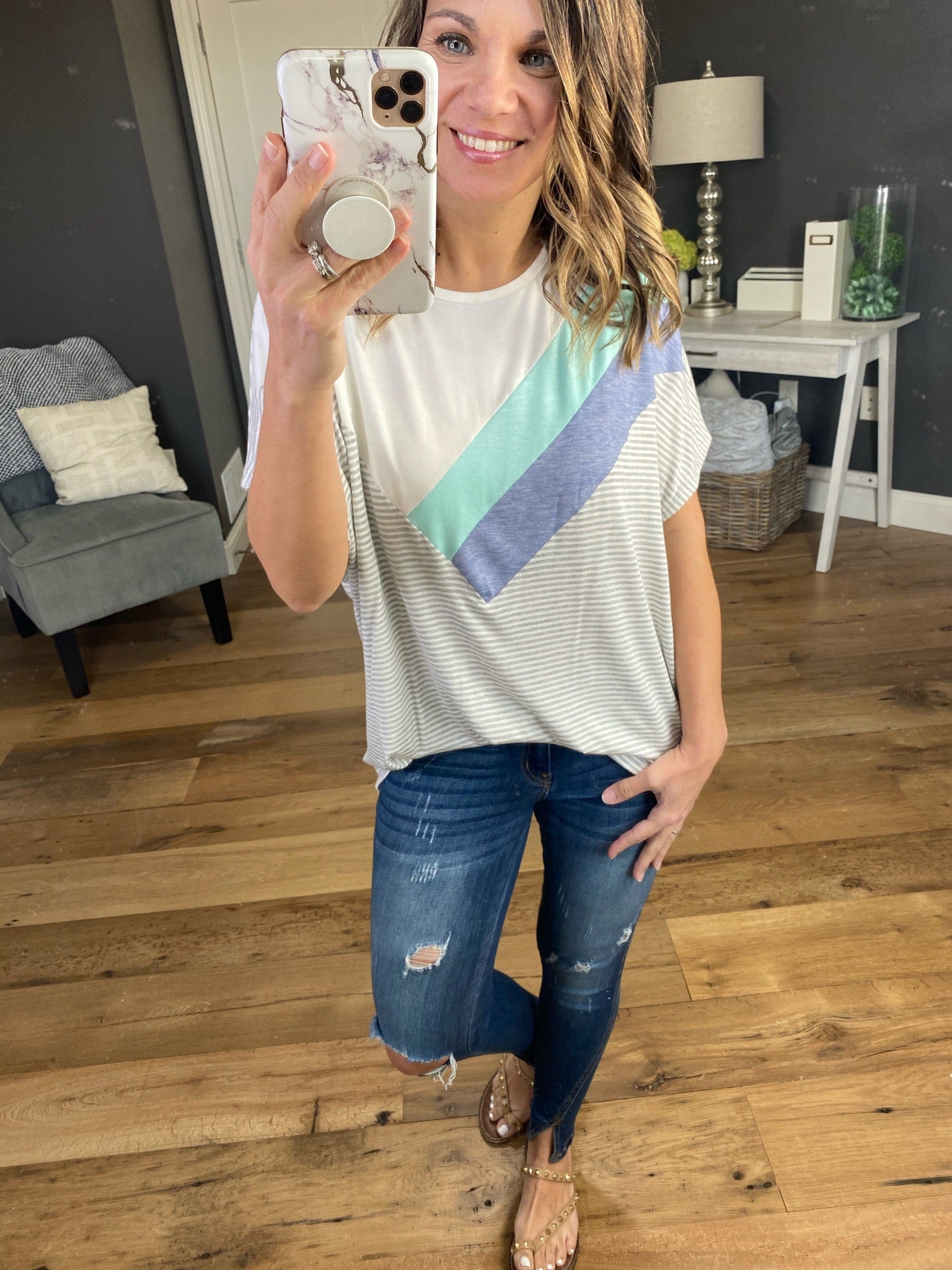 How We've Been Blue Colorblock Tee with Heather Grey Stripes-Short Sleeves-Staccato 17691F-Anna Kaytes Boutique, Women's Fashion Boutique in Grinnell, Iowa