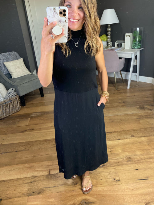 Between You & Me Black Mock Neck Sleeveless Maxi Dress-Dresses-Lovestitch 172288WRJDMM-Anna Kaytes Boutique, Women's Fashion Boutique in Grinnell, Iowa