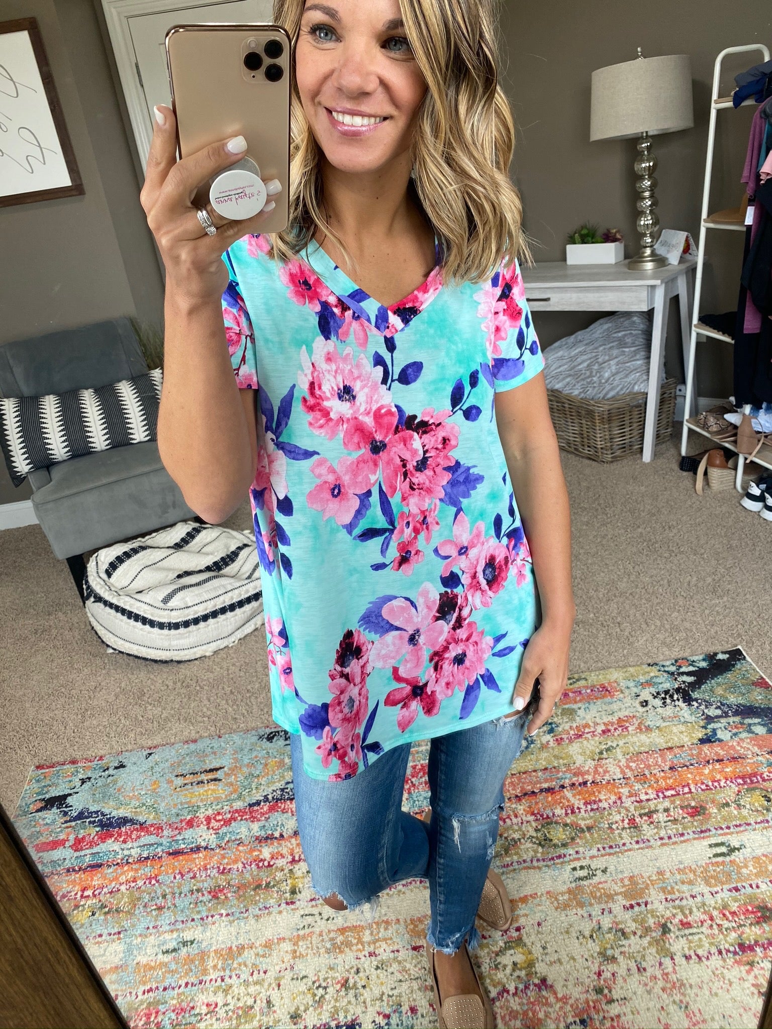 Dear April Mint Floral V-Neck Tee-Short Sleeves-Lime & Chili LT5169-Anna Kaytes Boutique, Women's Fashion Boutique in Grinnell, Iowa