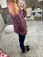 Pretty Heart of Mine Mauve Leopard Print Halter Off Shoulder Blouse-Long Sleeves-EESome TK4214-Anna Kaytes Boutique, Women's Fashion Boutique in Grinnell, Iowa